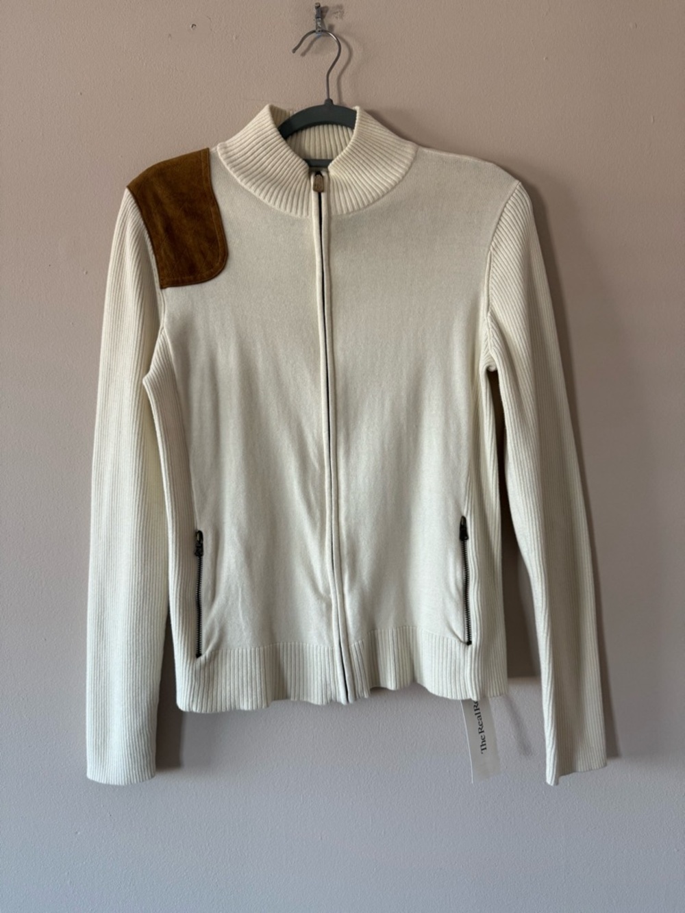 Vintage Ralph Lauren Cream Knit Full-Zip Sweater with Brown Trim